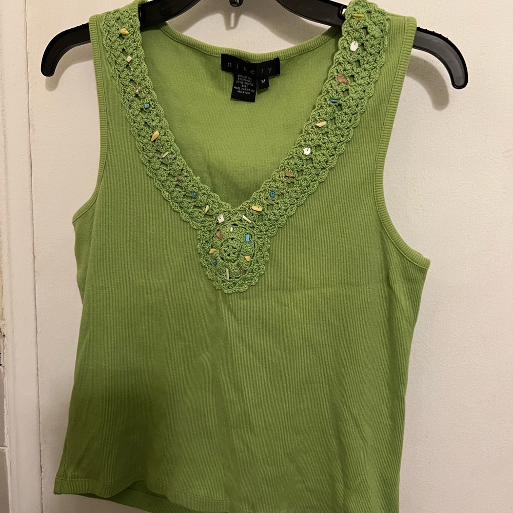 Ninety Silver Embellished Green Tank Top